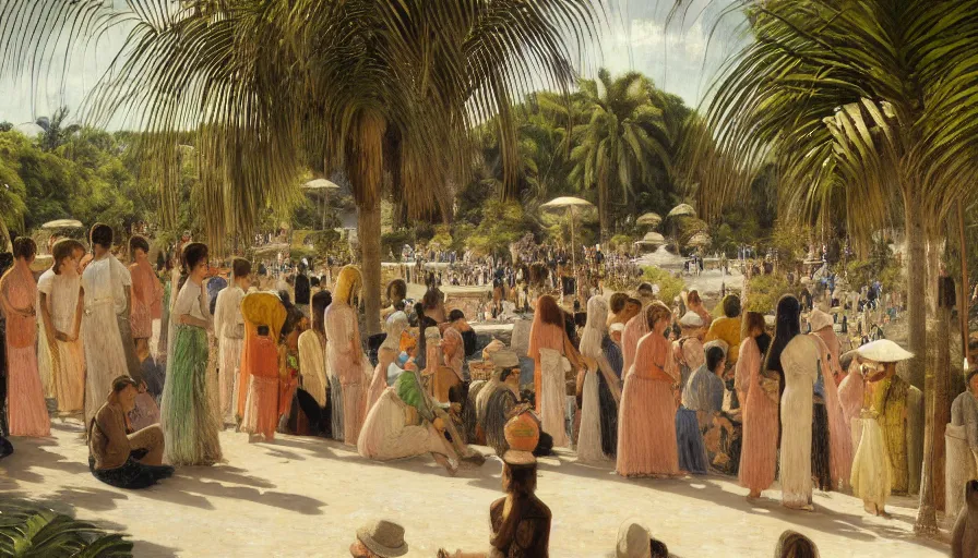 Image similar to a ultradetailed beautiful painting of hundreds of people around an old fountain in the amazonas palace balustrade designed by jules bastien - lepage, tarsila do amaral, frank weston and gustave baumann, beach, trending on artstation, mediterranean, palm trees, sharp focus, soft light, 8 k 4 k