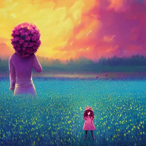 Image similar to girl with a giant carnation head, surreal photography, flower field, sunset dramatic light, impressionist painting, colorful clouds, blue sky, digital painting, artstation, simon stalenhag