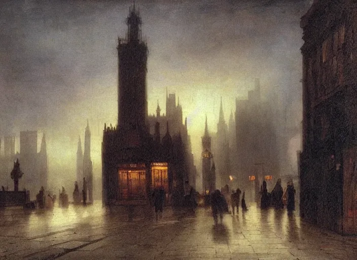 Image similar to 1 9 th century london, art by caspar david friedrich, thomas lawrence, john martin, dark, nigt, pub, pub sign, floor fog, coherent composition,