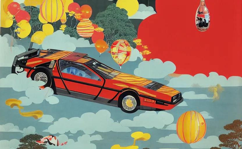 Prompt: a red delorean and a yellow tiger, painting by hsiao - ron cheng, utagawa kunisada & salvador dali, magazine collage style, clouds, water, baloons, trees,