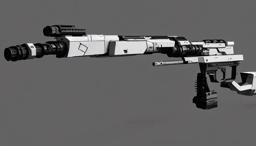 Image similar to extremely detailed realistic side view of a sci fi laser machine gun, detailed trigger, chemically propelled, pattery powered, smooth streamline, battery and wires, railgun, tribarrel, gauss, elegant sleek smooth body, white paint, smooth utopian design, ultra high quality, minimalist, octane, cod, destiny, warframe, terminator