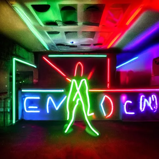 Image similar to a monster, neon lights, red, blue, green, dramatic lighting, heroic exposure, cool