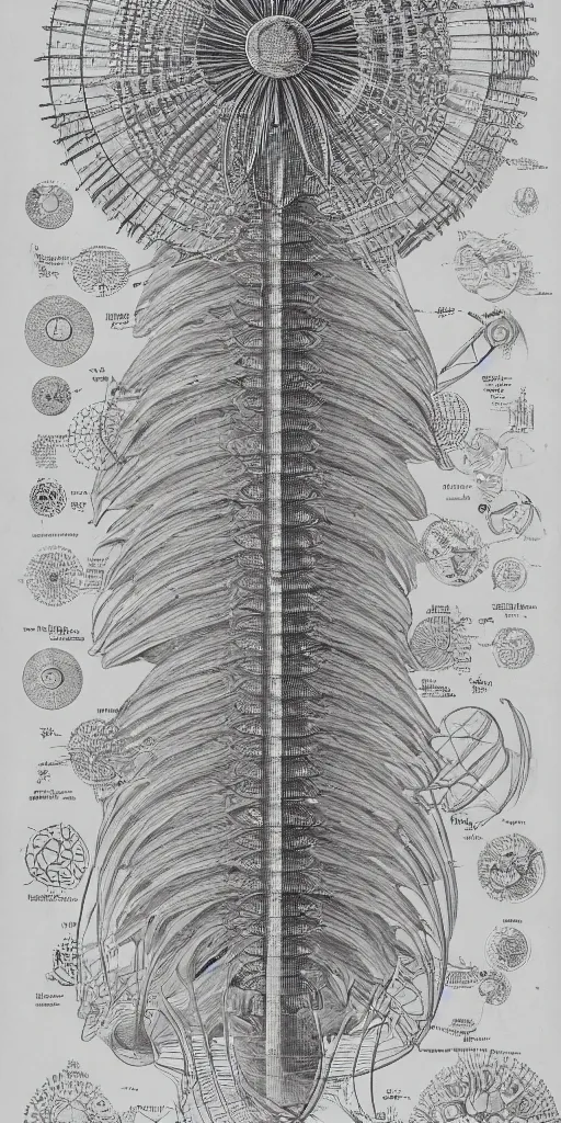 Image similar to Detailed Infographic Blueprint by Ernst Haeckel of a giant beautiful diatom in a space station