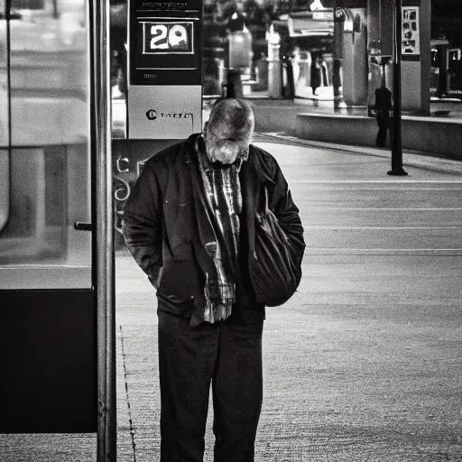 Image similar to the man waiting on bus station, he is angry because the driver didn't stop, he's tired after all day work, with many negative emotions inside his head, hyper detailed, realistic photography, 4k,