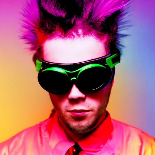 Image similar to kodak ektar 1 0 0 photograph of a cybergoth guy wearing goggles and eclectic jewelry, moody lighting, telephoto, 9 0 s vibe, blurred background, vaporwave colors, faded!,