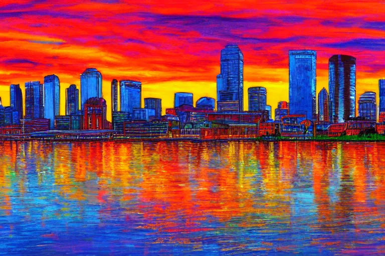 Image similar to winnipeg skyline, sunset, vivid colors, painting by tom thompson, 4 k