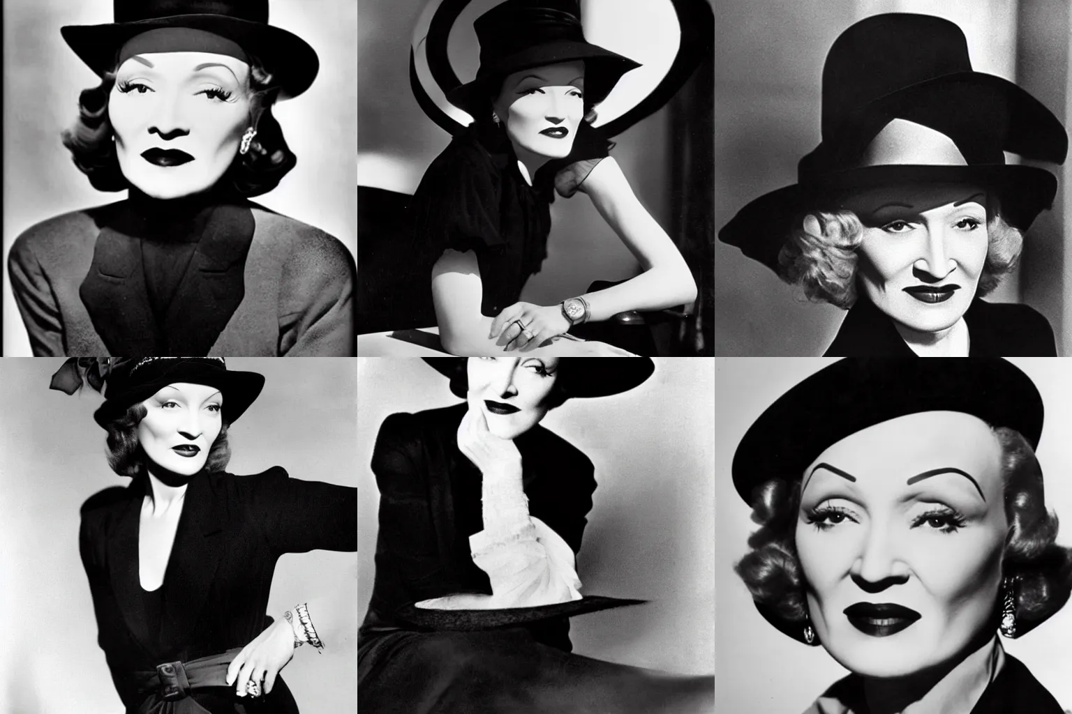 Prompt: A photograph of Marlene Dietrich wearing black clothes and a black hat. Color.