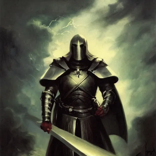 Prompt: ultra realistic portrait painting of a templar knight, art by frank frazetta, vintage levi ’ s ad, stormy weather, dark vibes, 4 k, ultra realistic, highly detailed, epic lighting