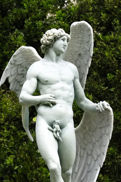 Prompt: A marble statue of Adonis with angel wings