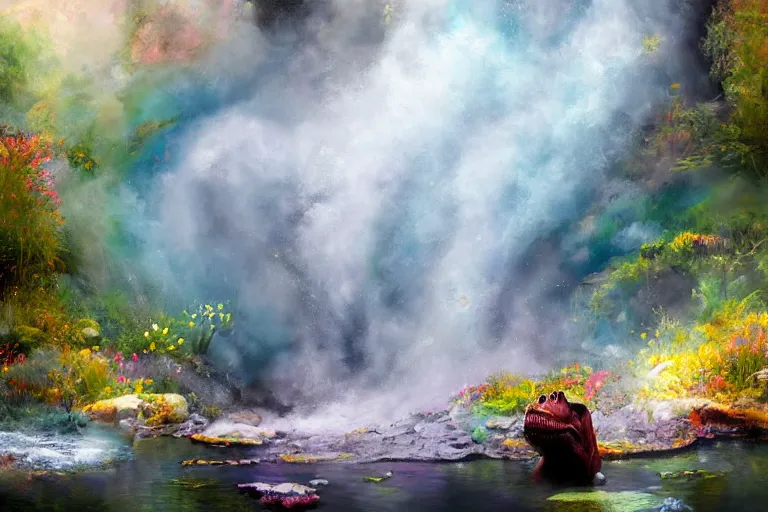 Image similar to highly detailed oil painting of a tyrannosaurus rex in a steaming colorful hotspring stream, featured on artstation