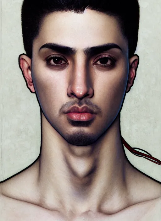 Prompt: realistic detailed portrait of a young arabic man turned three - quarters, short shaved hair, dressed with a simple white t - shirt, white background white bank studio light, art by yoshitaka amano, alphonse mucha, ayami kojima, greg hildebrandt, and mark brooks, high qualit 8 k