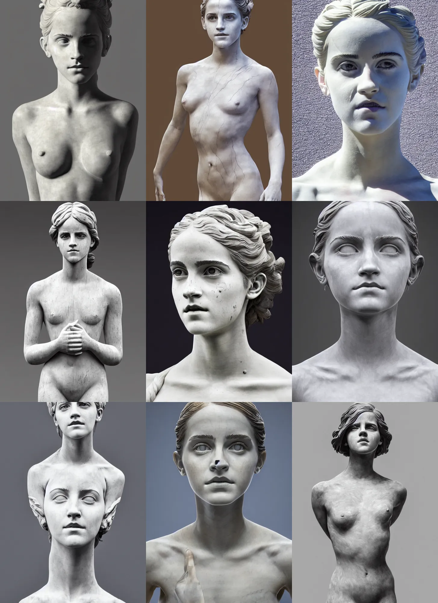 Prompt: sculpture statue of Emma Watson by Jean-Baptiste Carpeaux and Luo Li Rong and Michael James Talbot, all body, standing athletic pose, perfect symmetrical face, psychedelic, bodypaint, colored, white marble, in full growth, elegant, realistic, 8K, female full-skin figure, hyperrealism, subsurface scattering, raytracing, rim light, Octane Render, Redshift, Zbrush
