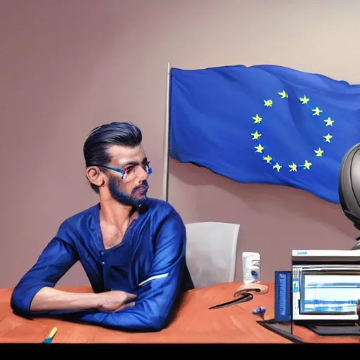 Prompt: european union eu hybrid influencer on blue shirt sitting on chair with eu flag on computer on led keyboard and gaming mouse in style of American propaganda poster, eu flag, dark and gloom, extremely detailed oil painting, open room, highly detailed, trending on artstation, concept art, sharp focus, illustration, art by artgerm and greg rutkowski and magali villeneuve