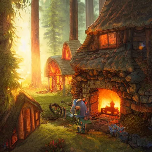 Image similar to a detailed illustration idyllic the house with smoke coming out of the chimney in the forest scene by Justin Gerard, trending on artstation, cgsociety, deviantart