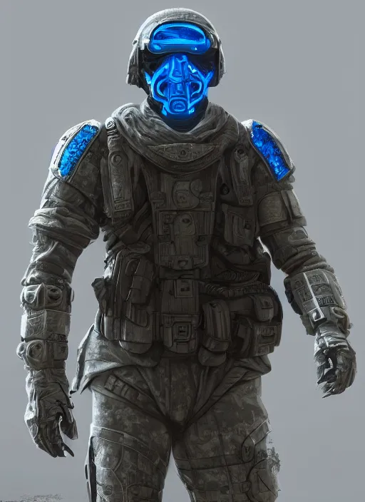 Image similar to concept art of futuristic soldier wearing an armoured facemask, with intricate carving details in black and glowing blue, ultra realistic, octane render, 8 k, hd, realistic lighting, moody, dramatic