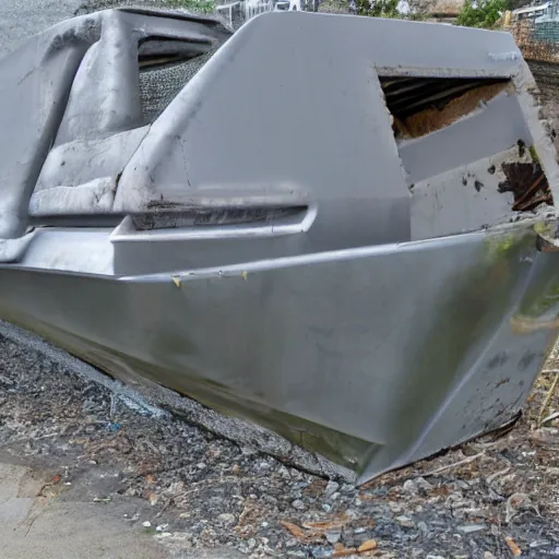Prompt: dry dock concrete clamshell grill garbage can on an abandoned shiny chromeplated dented angular motorboat hull,