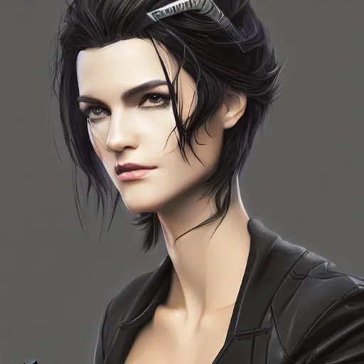 Image similar to portrait of a beautiful dark - haired androgynous cyberpunk space ranger, soft lightning, high detailed, intricate, elegant, smooth, sharp focus, artstation, art by lane brown and sora kim,