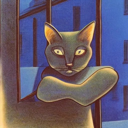 Image similar to The blue cat looking out of the window at night , Dali style