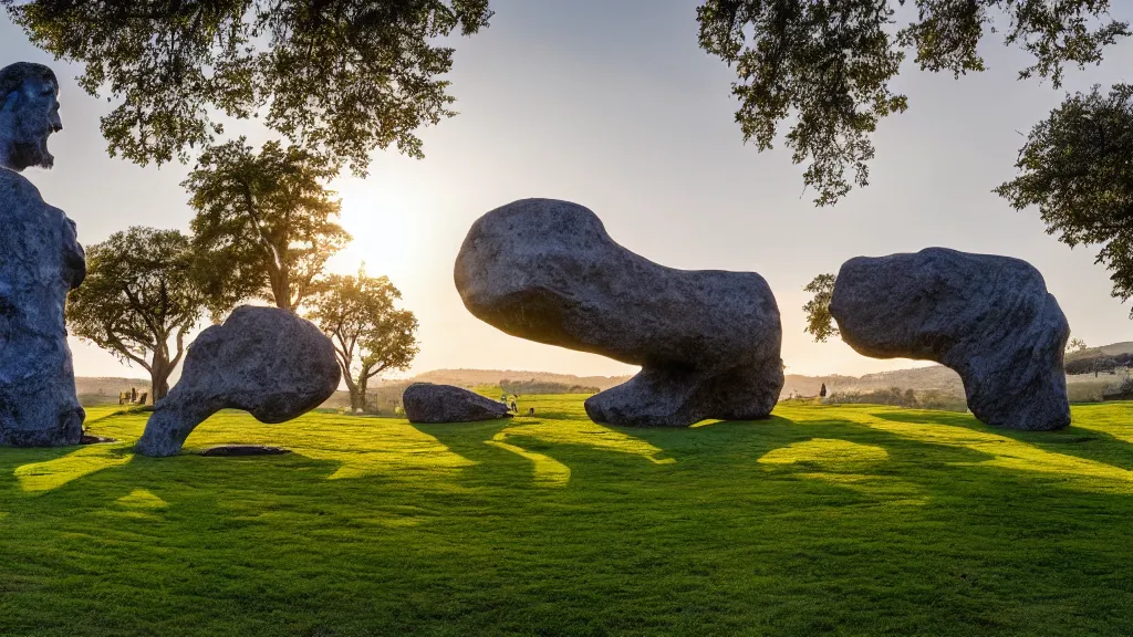 Prompt: a colossal abstract granite sculpture garden by michelangelo an henry moore, on a green lawn, distant mountains, golden hour, 8 k, dslr camera, enormous creatures augment my desire