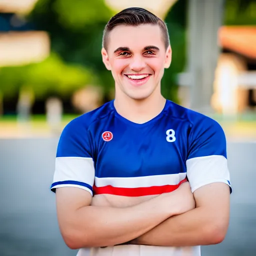 Image similar to a photographic portrait of a young Caucasian man smiling with short brown hair that sticks up in the front, blue eyes, groomed eyebrows, tapered hairline, sharp jawline, wearing a volleyball jersey, sigma 85mm f/1.4, 15mm, 35mm, 4k, high resolution, 4k, 8k, hd, full color