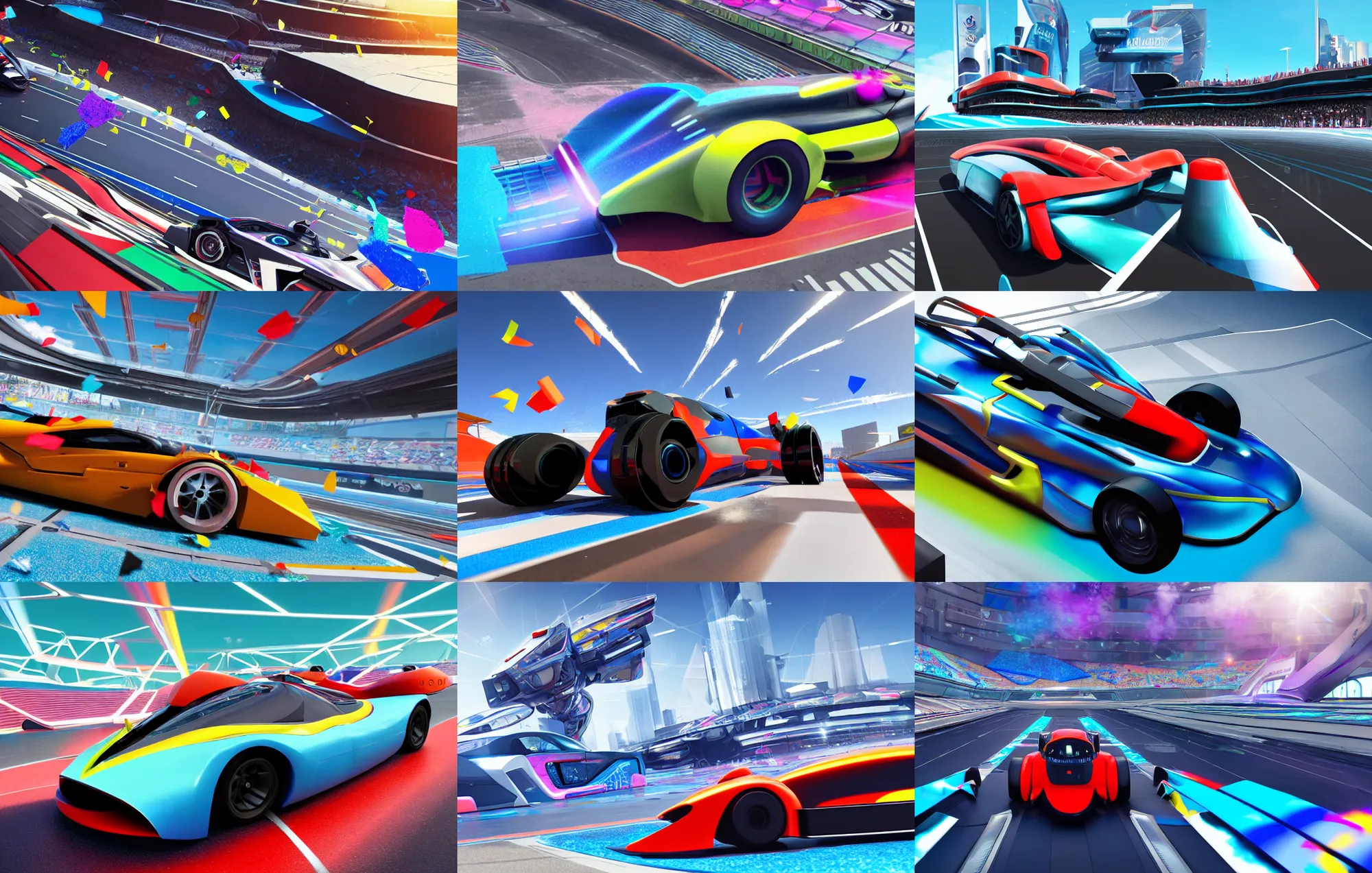 Prompt: wide angle shot of a futuristic car racetrack from the attendee stands with confetti on a sunny day with a clear blue sky, cyberpunk, profile shot, digital painting, good value control, unreal engine 5, fourze, realistic textures, wipeout 2 0 4 8, f - zero