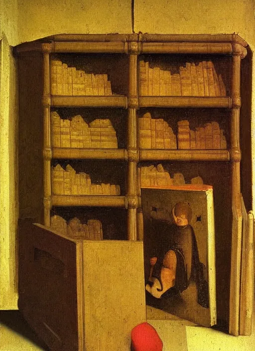 Image similar to bookshelf with books and children toys, medieval painting by jan van eyck, johannes vermeer, florence