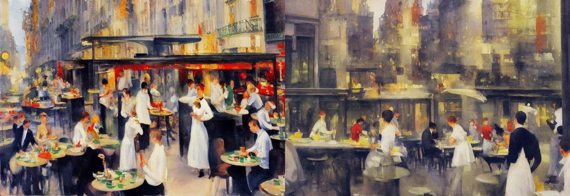 Prompt: high-angle view of busy Paris cafe and it’s servers in white uniform, motion blur of people walking, impressionist watercolor, cinematic lighting, by Edward Hopper, overheard camera view of kitchen, by Seiichi Hayashi and John Hoyland, giant stove fire center screen, white background