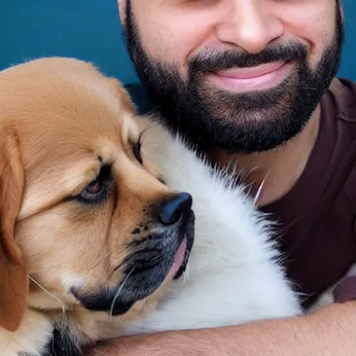 Image similar to half persian man, holding a dog