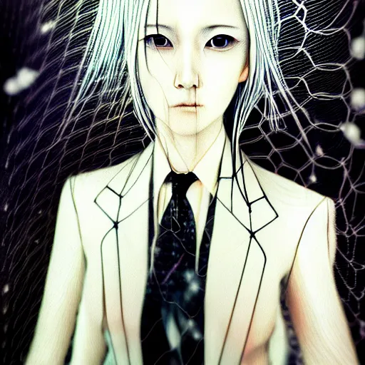 Image similar to yoshitaka amano blurred and dreamy realistic three quarter angle portrait of a woman with white hair and black eyes wearing dress suit with tie, junji ito abstract patterns in the background, satoshi kon anime, noisy film grain effect, highly detailed, renaissance oil painting, weird portrait angle, blurred lost edges