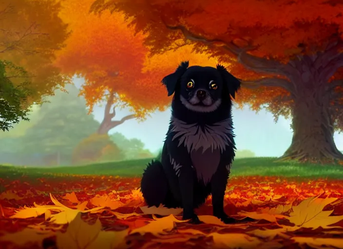 Image similar to a wholesome animation key shot of a black tibetan spaniel, autumn trees in the background, autumn leaves in the foreground, studio ghibli, pixar and disney animation, sharp, rendered in unreal engine 5, anime key art by greg rutkowski, bloom, dramatic lighting