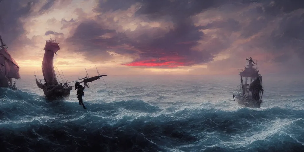 Image similar to two pirates facing each other in death duel!, foggy, gunpowder smoke, dramatic, bloody scene, sunset background, ship on the horizon, portrait 4 / 3, high detail, greg rutkowski, james gurney, gene wolfe, gustave dore, jesper ejsing, rhads, makoto shinkai, ilya kuvshinov