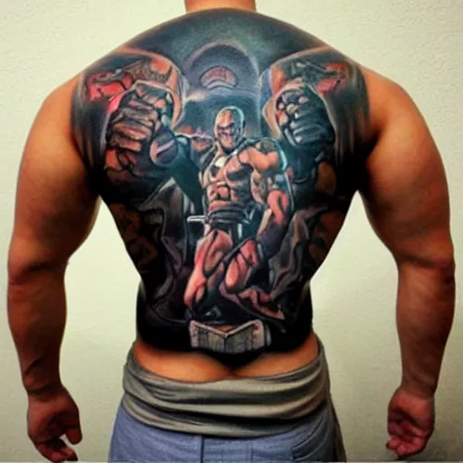 Image similar to tattoo of anime dwayne the rock Johnson on arm back