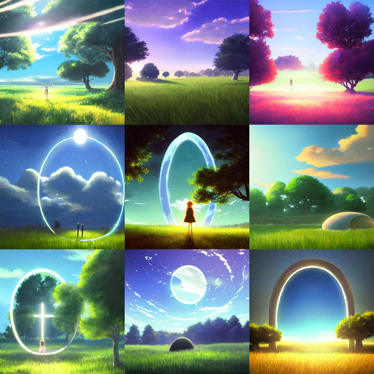 Prompt: Glowing oval magic portals on a grassy plain, painting by Makoto Shinkai