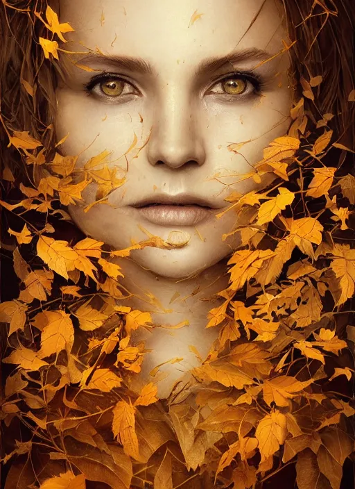 Image similar to golden leaves at frame border, creative!!! composition for a book cover, absurdly beautiful, ultrafine hyperrealistic detailed witch face by wlop and artgerm and greg rutkowski, intricate linework, sharp focus, smooth, octopath traveler, final fantasy, unreal engine, dramatic lighting, ethereal, 8 k