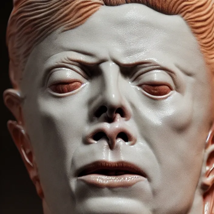 Image similar to David Bowie , A Close up photo-real delicate ceramic porcelain sculpture of a symmetrical ornate detailed in front of an intricate background by Victo Ngai and takato yamamoto, micro detail, backlit lighting, face in focus, subsurface scattering, translucent, thin porcelain, octane renderer, colorful, physically based rendering, japanese pottery, trending on cgsociety