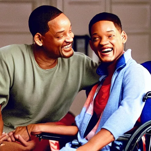 Image similar to will smith smiling in a wheelchair, movie still