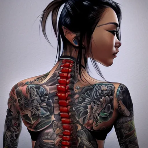 Image similar to pretty asian woman with a black ponytail, tattoos on arms, cybernetic spinal implant, concept art,