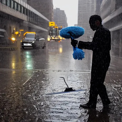 Prompt: closeup portrait of a cleaner with a mop fighting puddles in rainy new york street, by Steve McCurry and David Lazar, natural light, detailed face, CANON Eos C300, ƒ1.8, 35mm, 8K, medium-format print