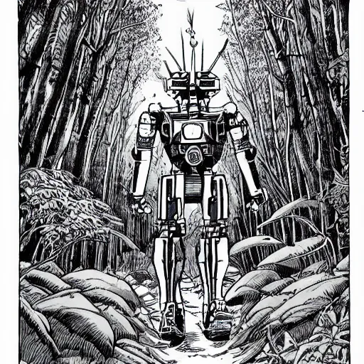 Prompt: a giant robot walking through the woods, drawn by arthur adams