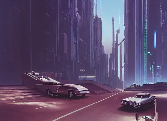 Image similar to a car driving down a street next to tall buildings, cyberpunk art by Chesley Bonestell, cgsociety, retrofuturism, matte painting, reimagined by industrial light and magic