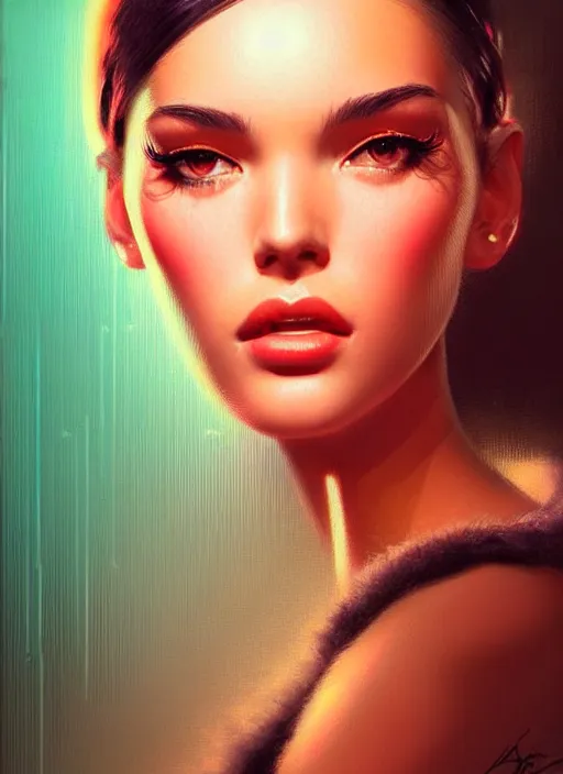 Image similar to photorealistic portrait of female humanoid, highly intricate, retro 6 0 s fashion, elegant, highly detailed, crispy quality and cyber neon light reflections, trending in artstation, trending in pinterest, glamor pose, sharp focus, no signature, no watermark, art by artgerm and greg rutkowski