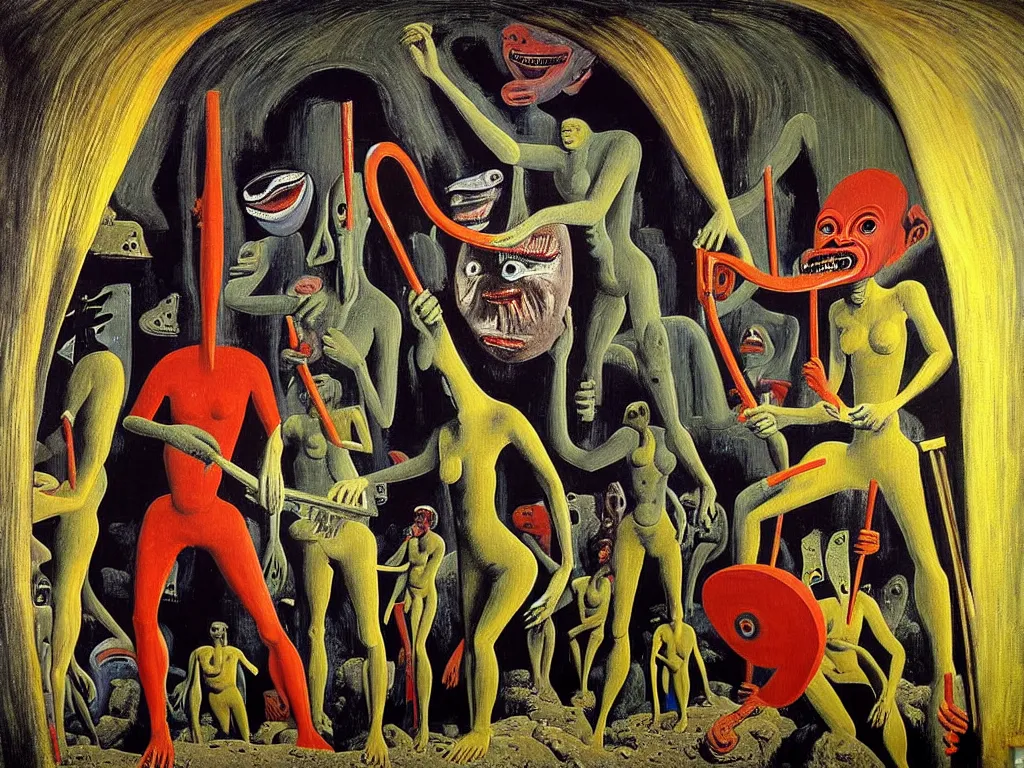 Prompt: a painting of a human of a big mouth turns into a cave with strange bearded beings with scythes, 4 k, art by max ernst