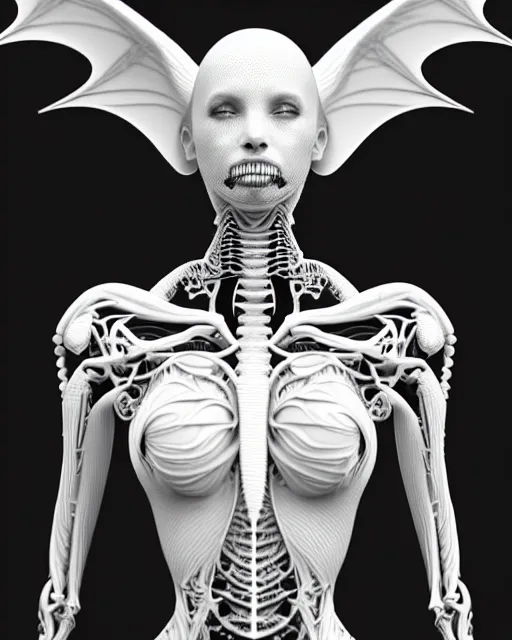Prompt: a black and white 3D render of a young beautiful female angelic-dragon-cyborg bust with a very long neck, 150 mm lens, Mandelbrot fractal, anatomical, flesh, facial muscles, veins, arteries, full frame, microscopic, elegant, highly detailed, flesh ornate, orchids, cable wires, elegant, high fashion, rim light, octane render, in the style of H.R. Giger and Man Ray, Realistic, Refined, Digital Art, Highly Detailed, Cinematic Lighting, rim light, black and white, photo-realistic, 8K