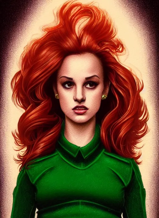 Image similar to full body portrait of teenage cheryl blossom, bangs, green eyes, mischievous expression, red hair, sultry smirk, bangs and wavy hair, 1 9 8 0 s, intricate, elegant, glowing lights, highly detailed, digital painting, artstation, concept art, smooth, sharp focus, illustration, art by wlop, mars ravelo and greg rutkowski