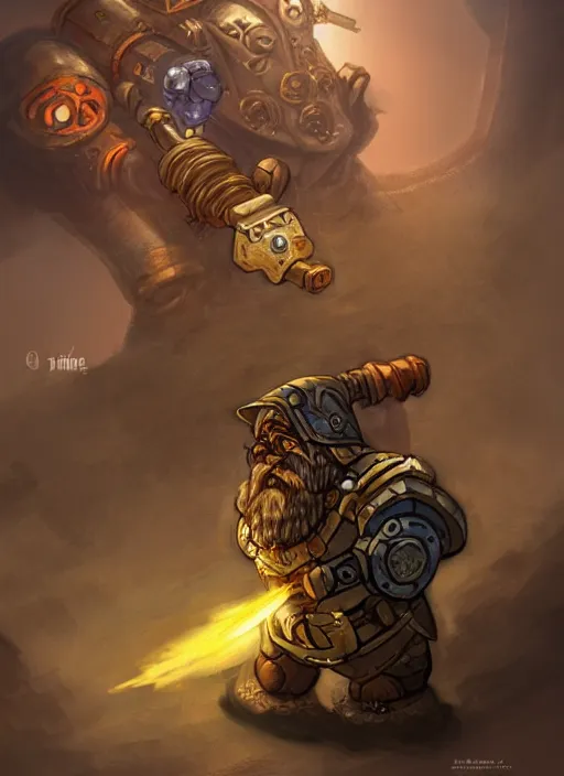 Prompt: a dwarf artificer holding a musket and riding on a giant robot, golem, steampunk robot, fantasy art, chinese fantasy, dungeons and dragons, tabletop rpg, ghostblade, wlop.