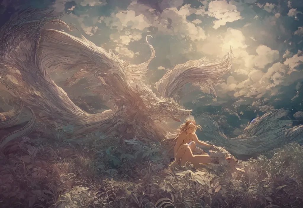 Image similar to the beautiful hyper detailed scene render that a lonely beautiful girl lies in the arms of a huge silver dragon alone in the fairyland surrounded by white clouds, in the style of makoto shinkai victo ngai and peter mohrbacher studio ghibli artgerm karol bak beeple, animation style, 8 k hd, dream, ultra wide angle, animation style