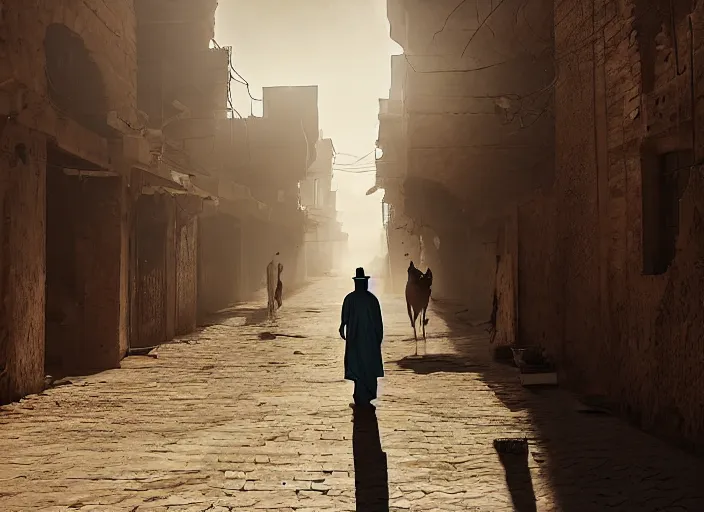 Image similar to old jeddah city alley, roshan, old shops, horse, magical glowing sand gateway to another dimension, several robots! and a man wearing a white robe standing watching over, dramatic lighting, dawn, by caspar david friedrich, unreal engine 5