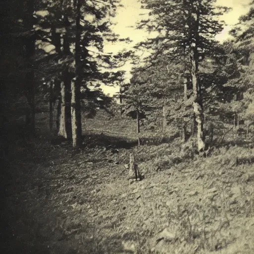 Image similar to old photo of a creepy landscape, scary figure in the distance