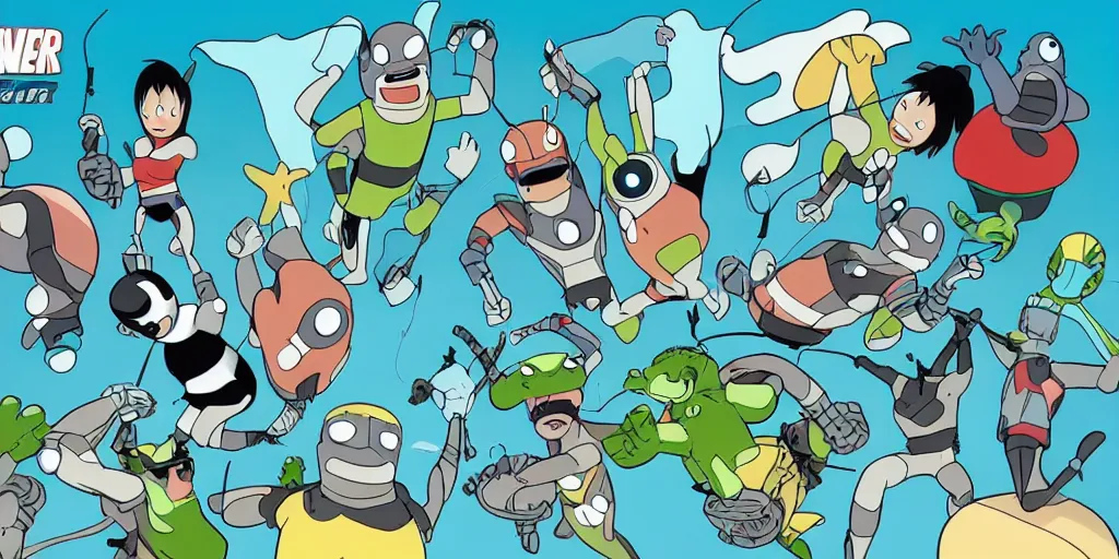 Image similar to the snorks in the avengers, animation, studio ghibli style