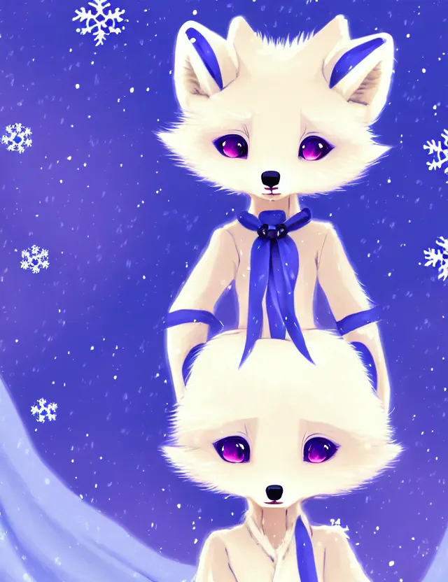 Image similar to a cute anthropomorphic arctic fox girl anthro wearing indigo ribbons and a fluffy robe, winter park background, very anime!!! kawaii!! furry!! intricate details, aesthetically complementary colors, scenic background, art by rising artists with a radically new style. trending on artstation, top rated on pixiv and furaffinity